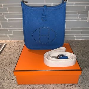 Brand New Hermes Mini Evelyne TPM Bleu Mykonos